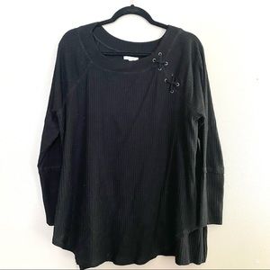 Maurices Black Waffle Knit Top with Criss Cross Details